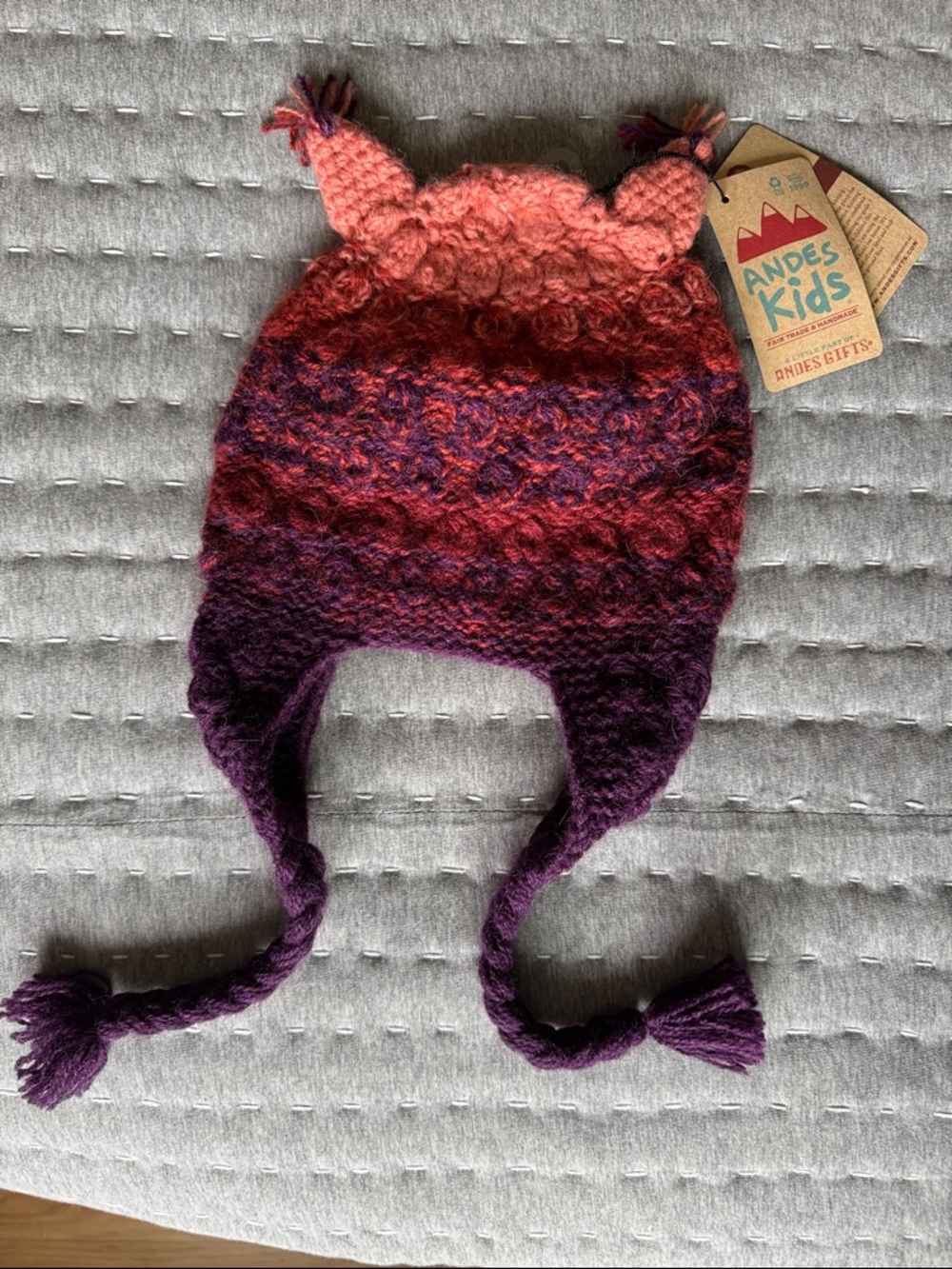 Kids Crochet Owl Earflap Hat in Purple & Coral - Cozy Winter Beanie - Picture 4 of 8